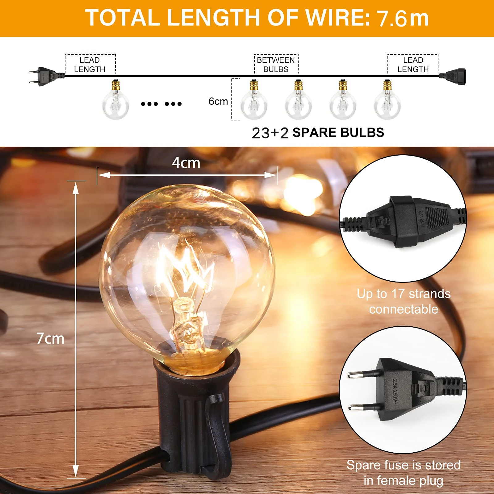 25Ft G40 Globe Bulb String Lights with 25 Glass Vintage Bulb Outdoor Patio Garden Garland Decorative Fairy Christmas lights
