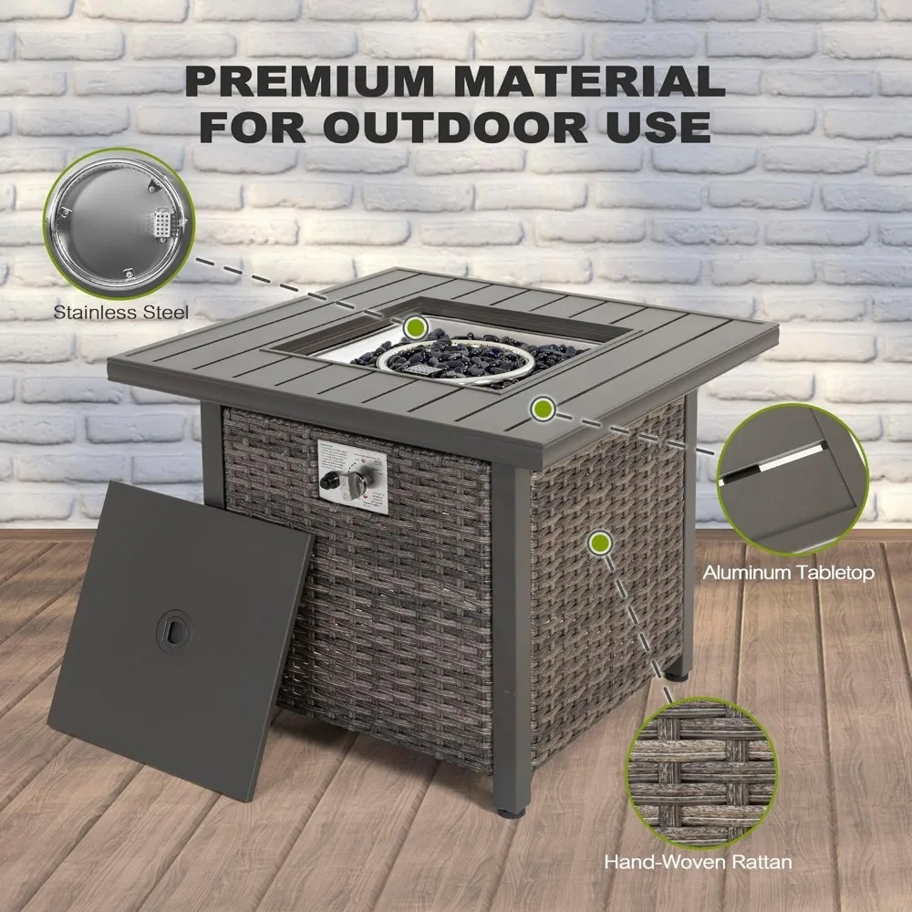 Fire Pit Table Propane Gas 50,000 BTU Garden Outdoor 30", Square Gas Fire Pit Table, Aluminum Tabletop and Hand-Woven Wicker