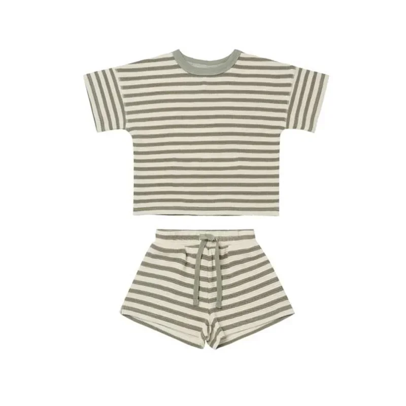 Infant Set 2022 Summer Boys and Girls Short Sleeve Shorts Waffle Round Neck Stripe Two Piece Set Newborn Baby Girl Clothes 6