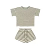 Infant Set 2022 Summer Boys and Girls Short Sleeve Shorts Waffle Round Neck Stripe Two Piece Set Newborn Baby Girl Clothes 6