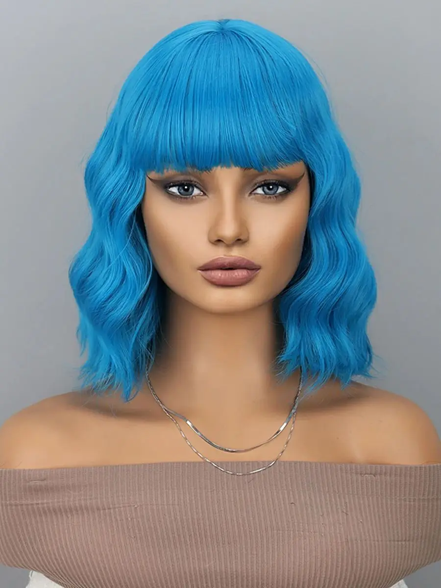 Blue Bob Wigs with Bangs Short Colorful Wavy Curly Synthetic Wig for Cosplay Halloween Costume Party Use