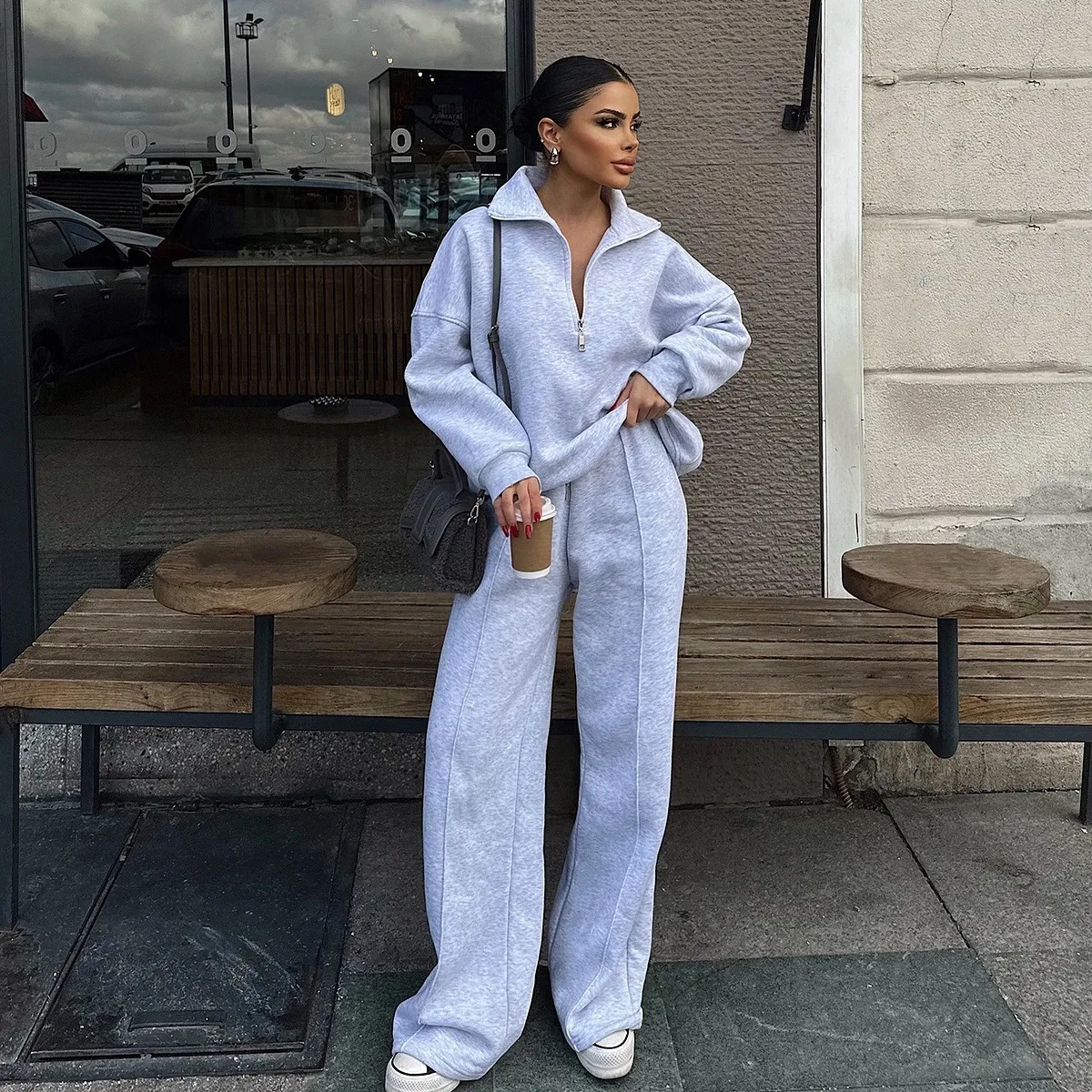 Autumn and winter suit semi-open pullover sweater trousers two-piece set