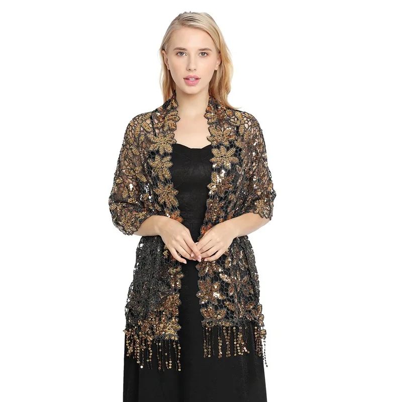 

Vintage Sequin Tassel Evening Cape 1920s Flapper Party Fringed Shawl Wraps Embroidery Pullover Wedding Bridal Shawl Scarf