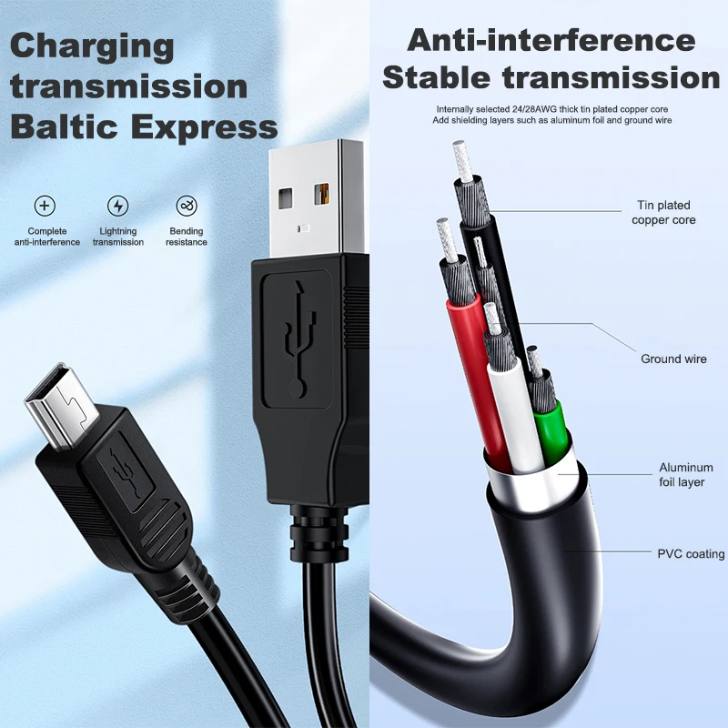 0.8M USB Cable 2.0A Male to Mini B 5 Pin 5P T Port MiniUSB for Devices MP3 MP4 Camera Mobile Phone Hard Disk Computer