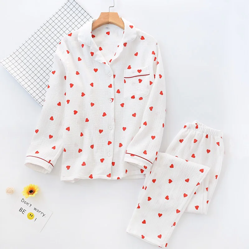 Spring New Ladies Pajamas Set Heart Printed Crepe Cotton Double-layer Gauze Turn-down Collar Long-sleeve Trousers Household Wear cotton pjs Pajama Sets