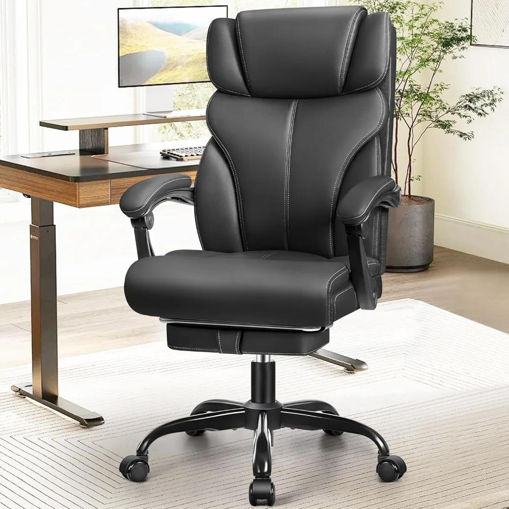 

Office chairs and administrative leather chairs are large and tall, with adjustable high backrests and footrests, black