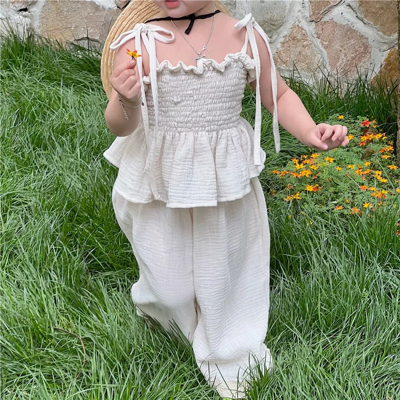 

Korean Children Kids Clothing Set Girls Summer Organic Cotton Tie Tank Sling Smocked Top Lace Wide Leg Pants Trousers Outfits