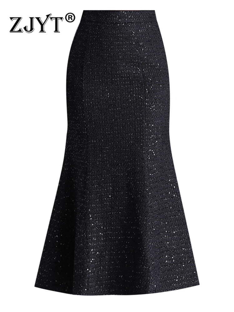 

ZJYT Women Midi Tweed Woolen Skirts Autumn Winter 2023 Elegant Office Lady High Waist Faldas Plus Size Solid Black Casual Party