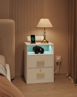 Набор прикроватных столиков Hzuaneri из 2 шт., с зарядной станцией, приставным столиком со светодиодной подсветкой, 1 открытым отделением и 2 ящиками, белый — изображение 2