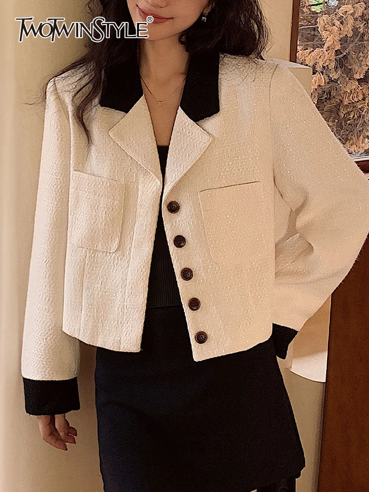 

TWOTWINSTYLE Colorblock Temperament Coat For Women Notched Collar Long Sleeve Patchwork Single Breasted Coats Female Fashion New