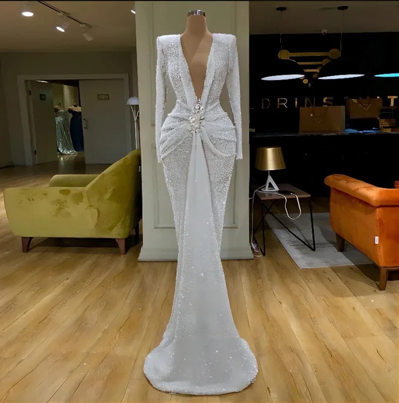 

2024 Autumn&winter new fashion sexy V-neck casual slim fit elegant tailing gown long sleeved ladies temperament evening dress
