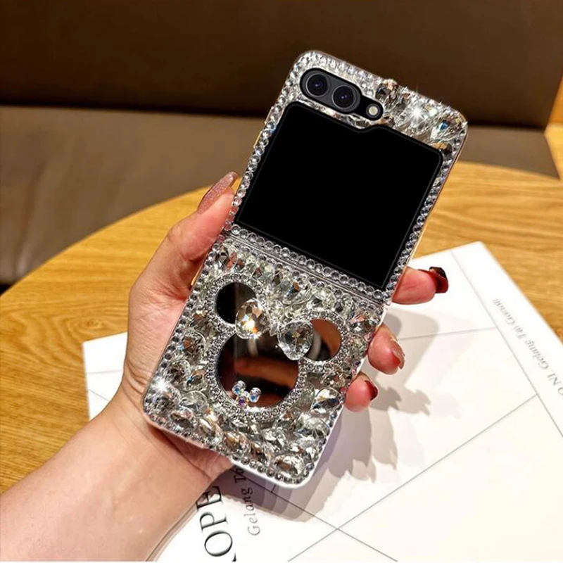 Phone Case Rhinestone 3D Mouse Mirror For Samsung Galaxy Z Flip 6 5 4 3 Fashion Water Drop Diamond Clear Hard Cover