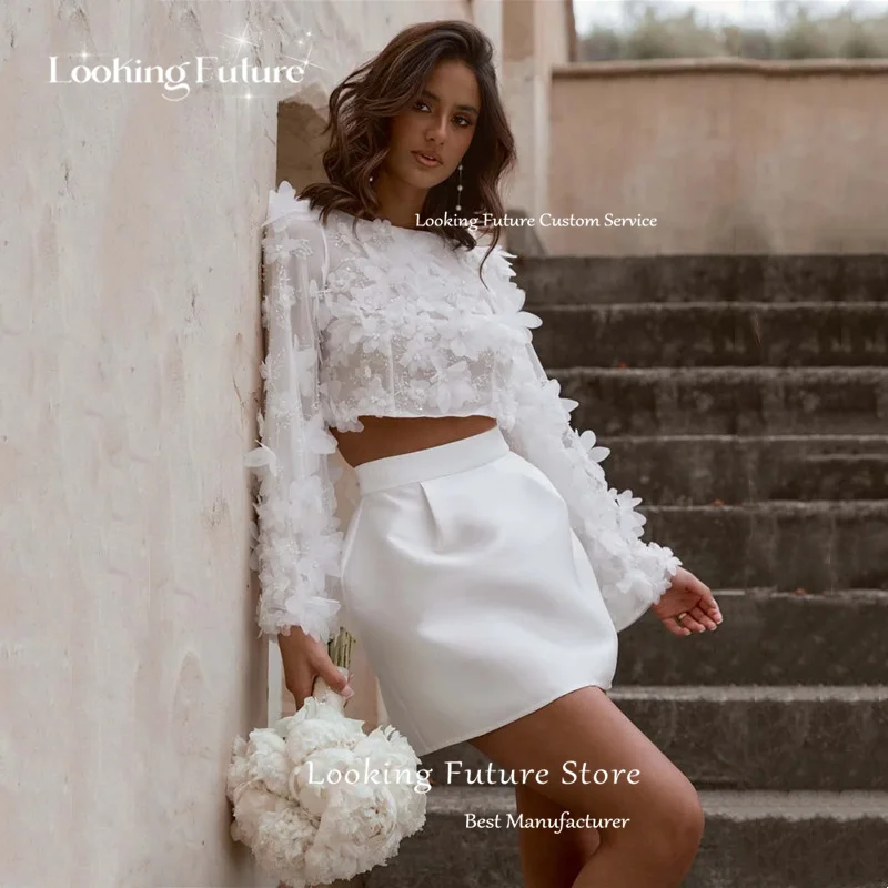Boho Mini 2 Piece Wedding Dress Sexy Open Back O-Neck Bride Dress Beach Long Sleeves Pleat 3D Flower Lace Satin Gowns Customized 13 Sf34fc3bcb3c84b08b786f96d5d1ab2593