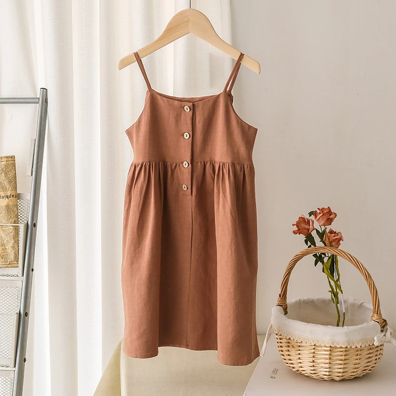 55% Linen 45% Viscose Girl's Fashion Summer Dress Casual Strapless Button Dress For Kids Girl TZ25,kids clothes,princess costume,girls dress