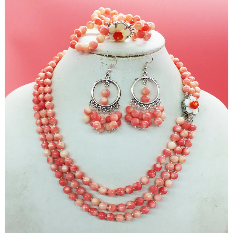 

3 Layers, 6MM Classic Pink Coral Necklaces/Bracelets/Stud Earrings African Nigerian Bridal Jewelry Set