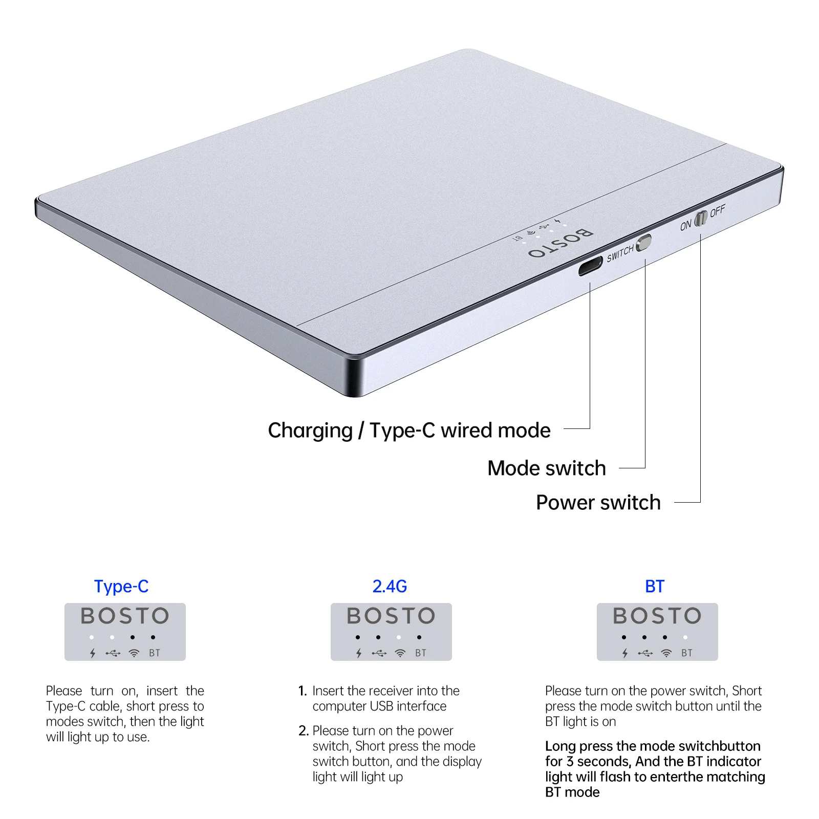 【신제품】BOSTO T02 유선 및 무선 터치패드 2.4G & BT & USB 초슬림 강화유리 데스크탑 컴퓨터 노트북 PC 사용자용