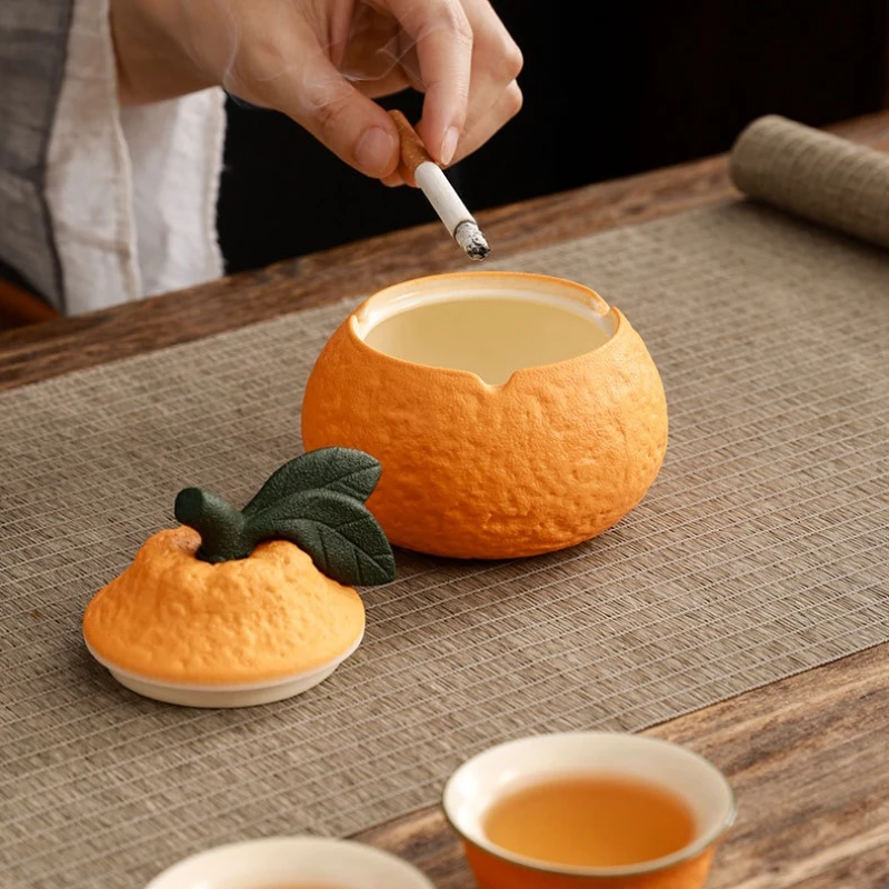 Ceramic Orange Ashtray with Cover for Household Tea Table