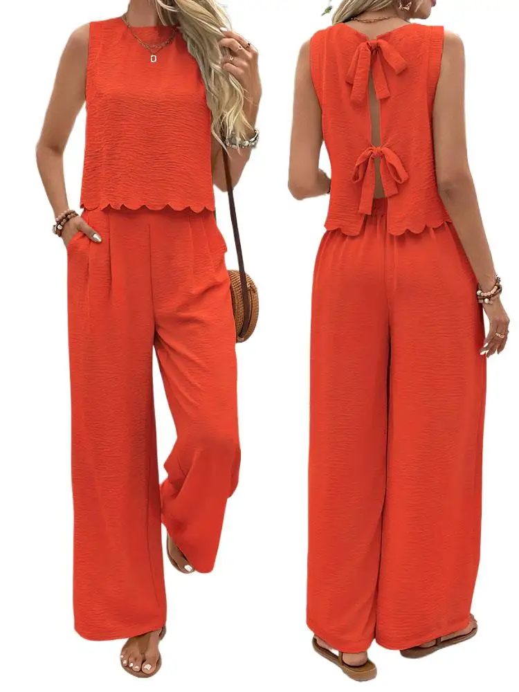 Women Summer Pant Suits Ruched Tank Tops and Wide Leg Trousers