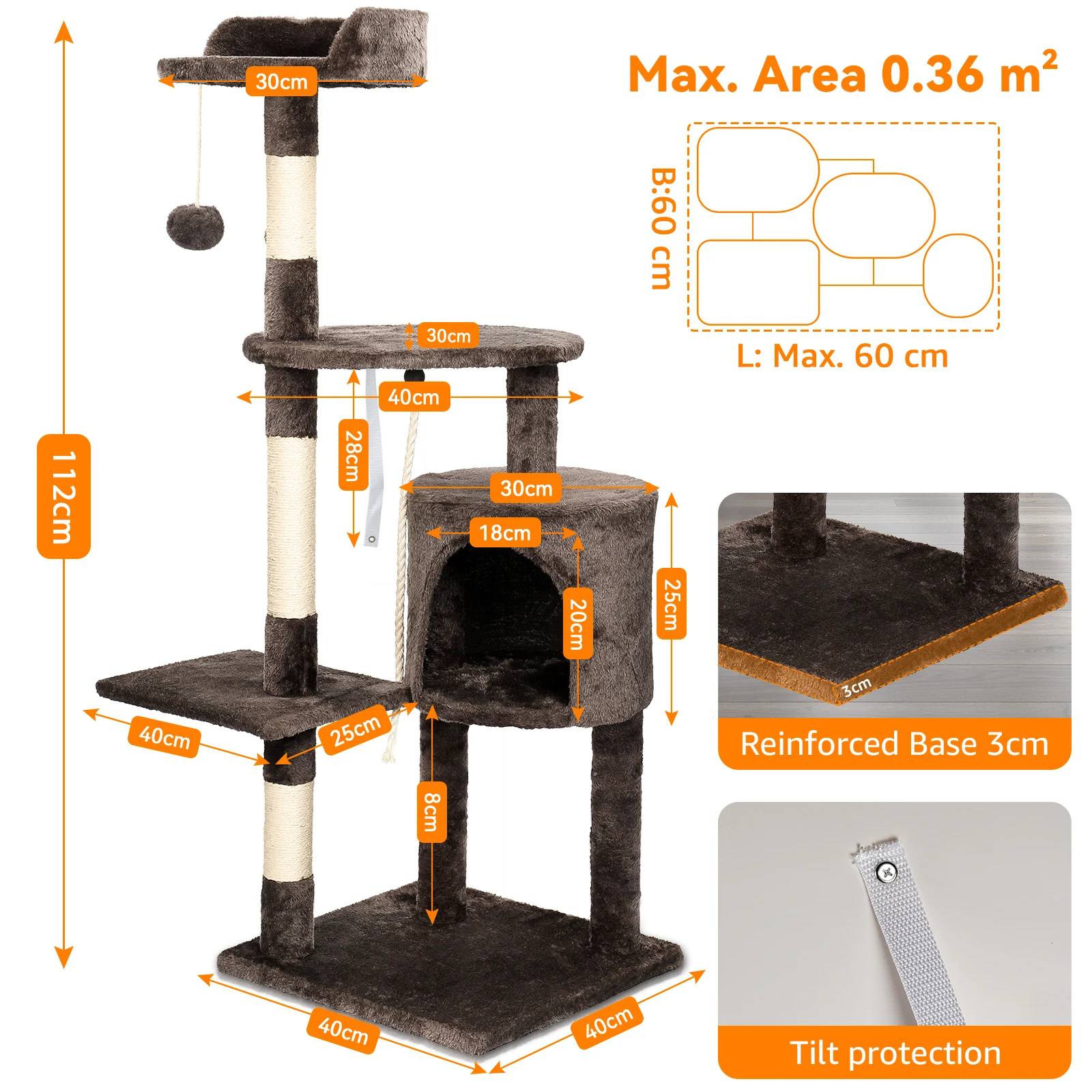 Passerscat-Kratzbaum, Katzenturm mit Spielzeug für Hauskatzen, mehrstufig mit Kratzbäumen, Katzenhaus, gemütliches Eigentumswohnung, gepolsterte obere Sitzstangen