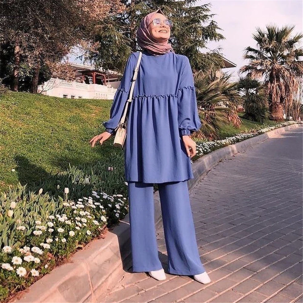 

Plain Muslim Women Abaya 2 Piece Casual Long Sleeve Tops+Pants Set Turkey Kaftan Eid Mubarak Islamic Arab Dubai Ramadan Clothing