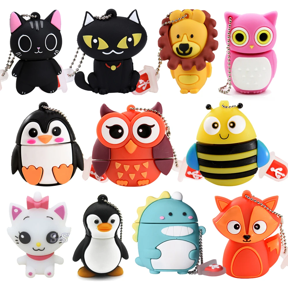 Cute Cartoon USB Flash Drive 64GB Animal Penguin Pen Drive 32GB Cat Owl Memory Stick Lion Pendrive Dinosaur External Storage 16G