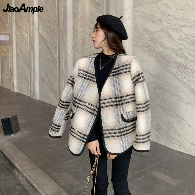 Women Autumn Winter Warm Fleece Plaid Coats 2023 Korean Lady Garceful Double Button Jackets Loose Outerwear Female New Tops