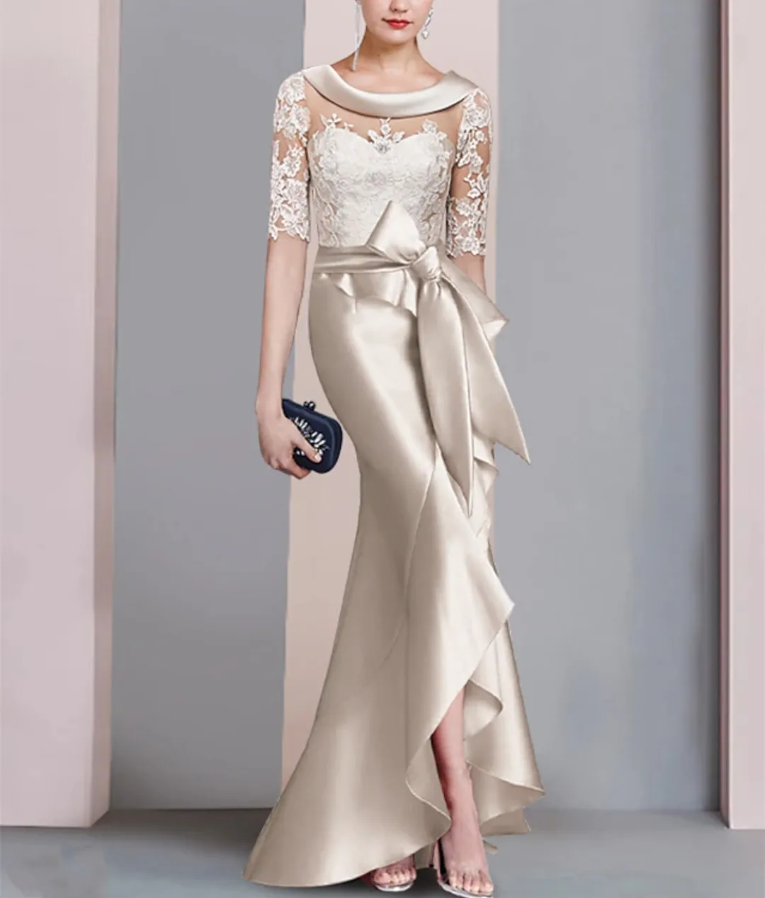 

Vintage Long Champagne Satin Beaded Mother of Bride Dresses Mermaid Lace Sweep Train Godmother Party Formal Dress for Women