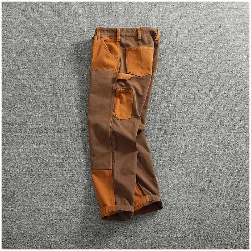 Men Autumn Winter Heavy Vintage Overalls Bead Canvas Grain Color Patchwork Logging Motorcycle Casual Pants