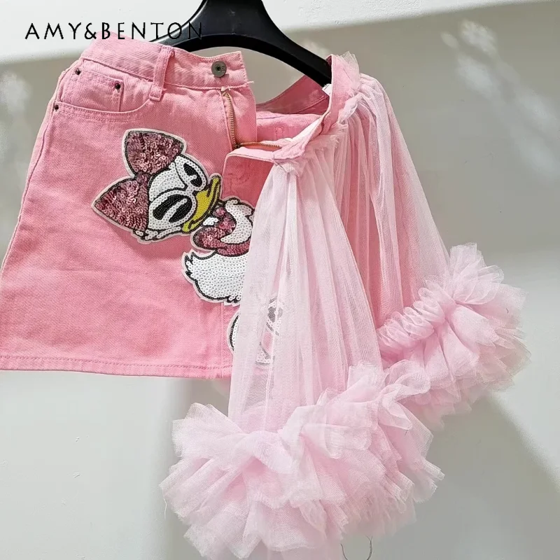 

2023 New Thai High-End Women's Jeans Skirts Fashionable Mesh Stitching Spring Versatile Pink Elegant Slimming Denim Short Skirts