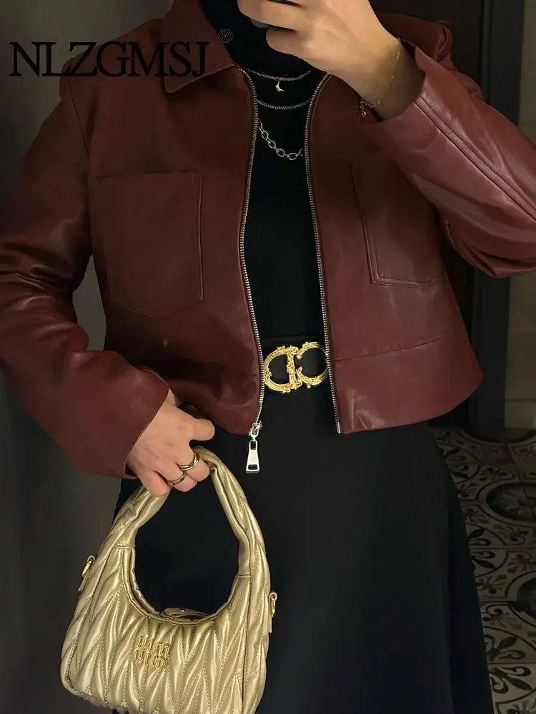 

Куртка женская Байкерская винная из искусственной кожи с длинным рукавом, 2024
