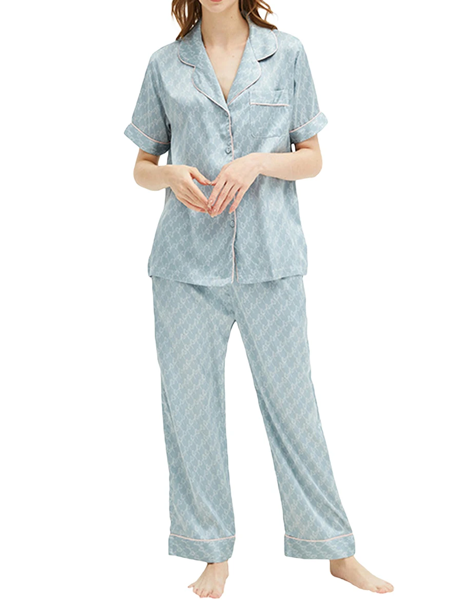 

Women Ice Silk Pajamas Lounge Set Houndstooth Turn-Down Collar Short Sleeve Shirts Tops and Pants 2 Piece Loungewear Outfits