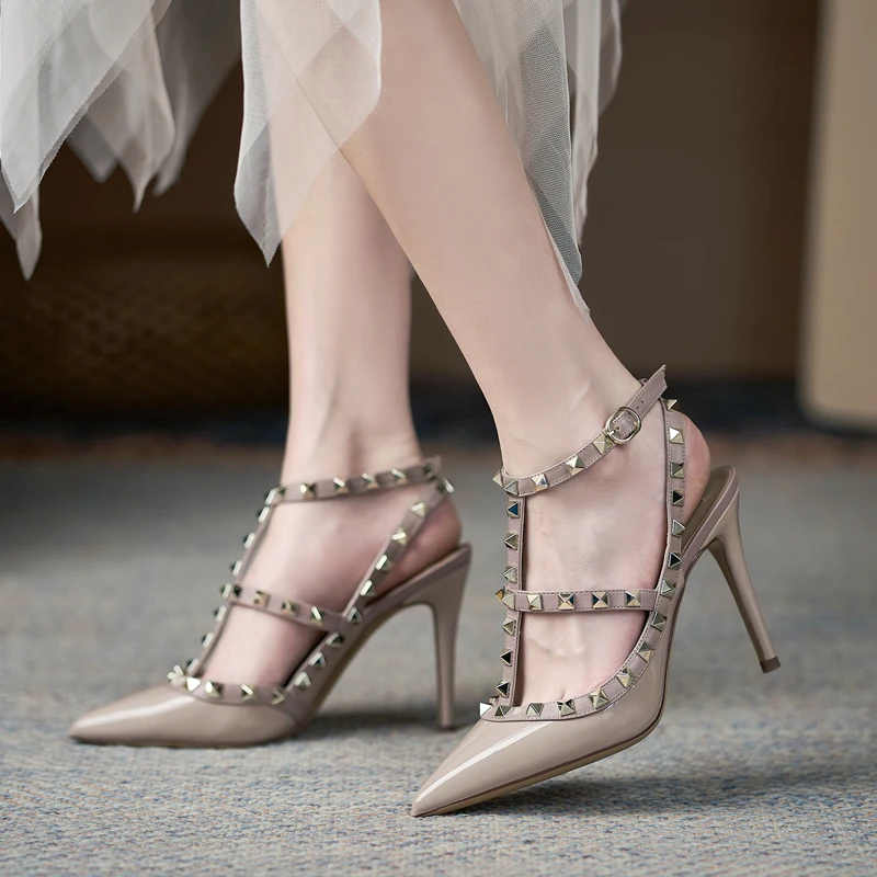 Summer Women's High Heel Sandals Lacquer Leather Rivet Fashion Pointed High Heel Shoes Black Gold Girls' Sandals women sandals women high heels