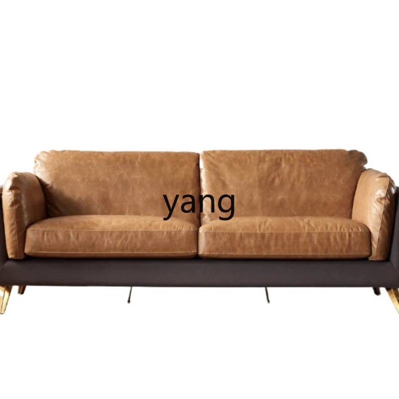

LXL Modern Leather Sofa Small Apartment Living Room Retro First Layer Cowhide Cloth Three-Seat Sofa