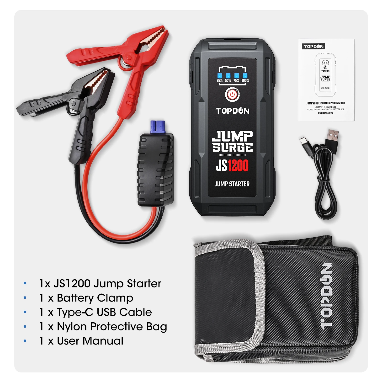 Topdon JS1200 1200A Car Jump Starter Power Bank 12VCar Starting Device 10000Mah For 6.5/4L Car Emergency Booster Starting Device