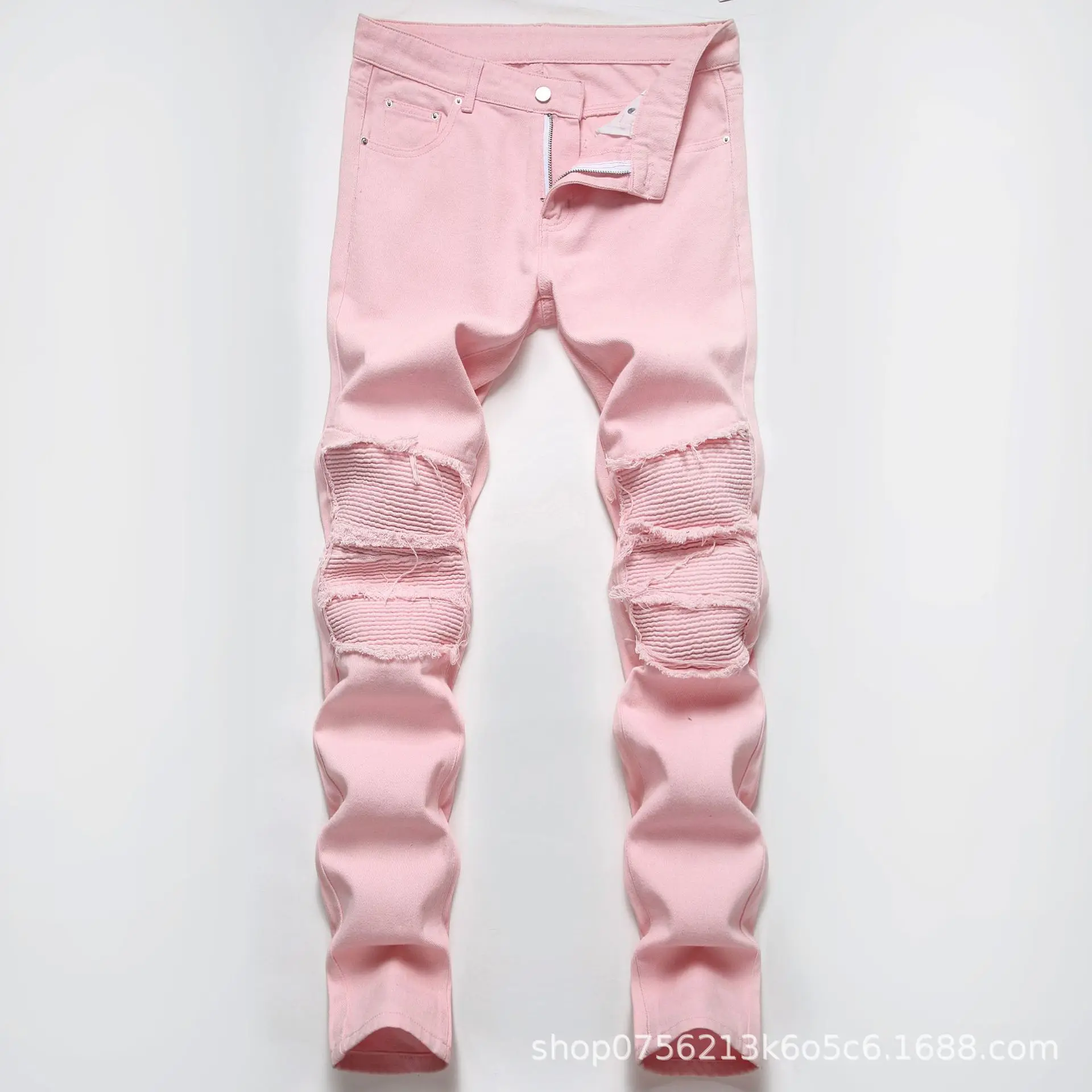 

2023 Men's Ripped Pink Patchwork Jeans Spring and Summer New Casual High Street Straight Unloading Trousers