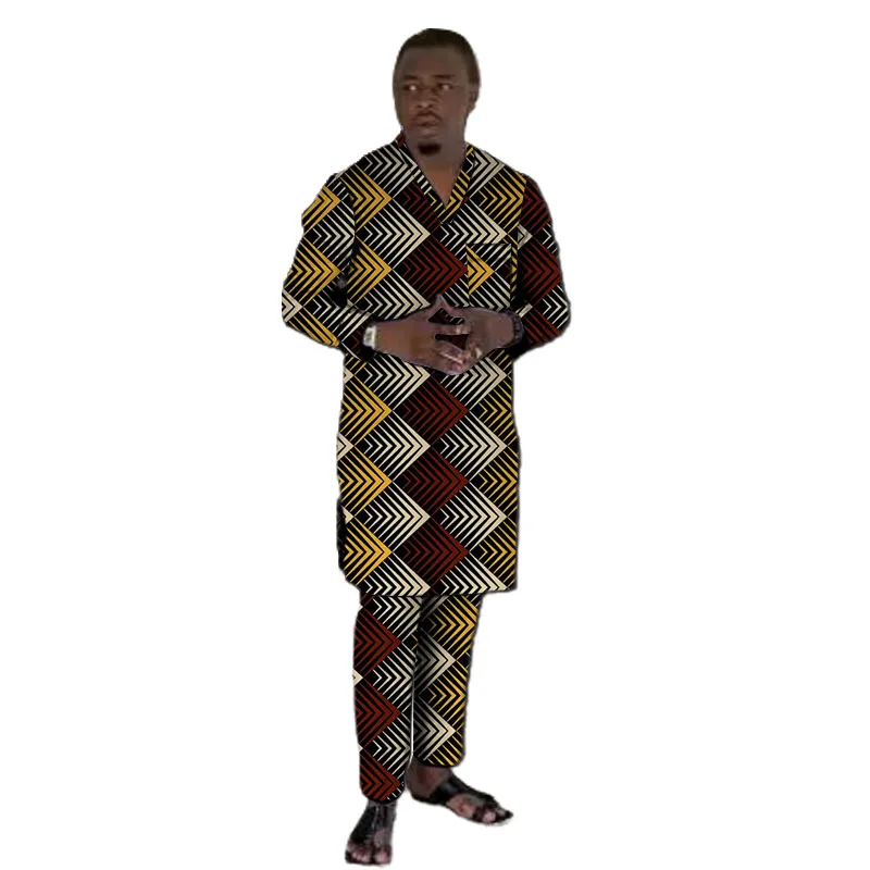 V-Neck Shirts With Bottoms Men's Groom Suit Original Design Nigerian Fashion Pant Sets African Wedding Party Outfits 4