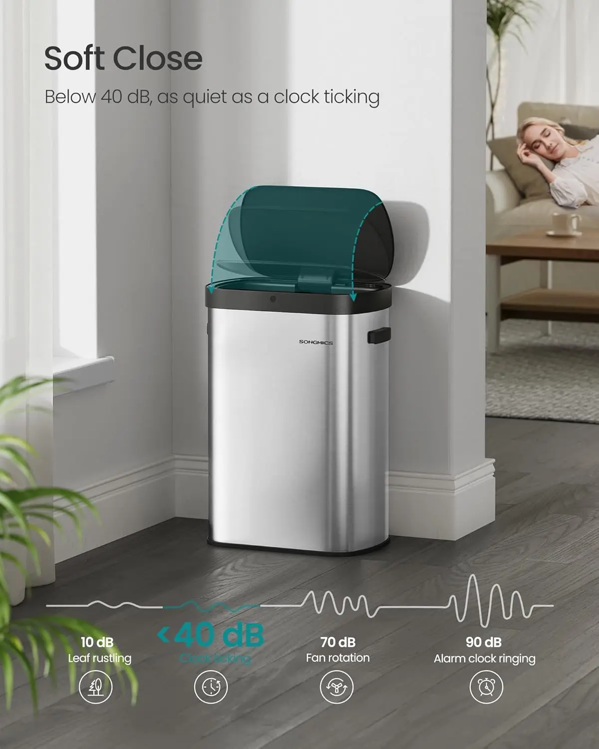 Motion Sensor Trash Can, 13-Gallon (50 L) Automatic Garbage Can with Soft Close Lid, Stainless Steel, Wave or Touch to Open