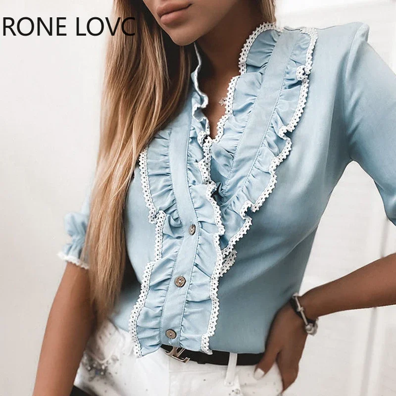 

Women Solid Deep V Neck Lace Hem Button Three Quarter Sleeves Working Blouses Denim Tops