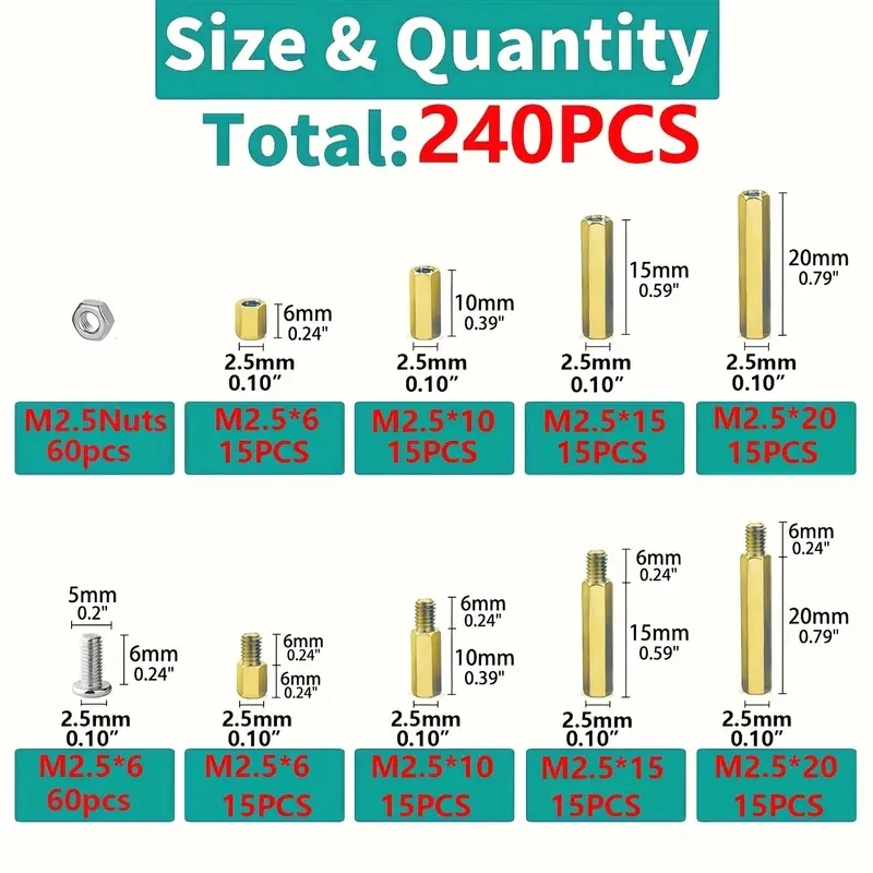 240-piece M2.5 Brass gasket and screw Kit-hexagonal gasket kit for DIY computers, Raspberry Pi, circuit boards and electronics