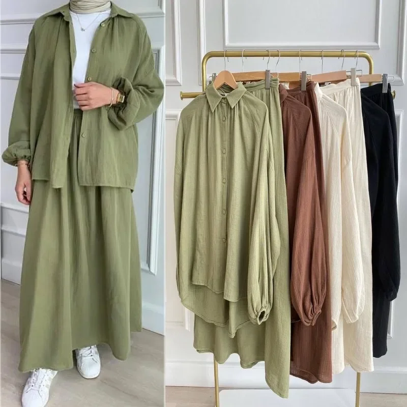 Two-piece long-sleeve shirt and skirt set for Muslim women, elegant abaya, Dubai, Turkey, casual Islamic tops, monochrome skirt fashion.