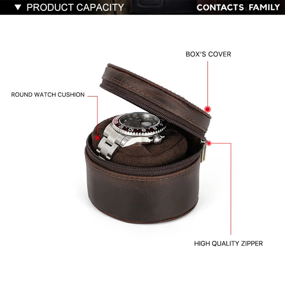 CONTACTS FAMILY Vintage Single Watch Box Handmade Genuine Leather Watch Box Jewelry Display Organizer Travel Portable Watch Case