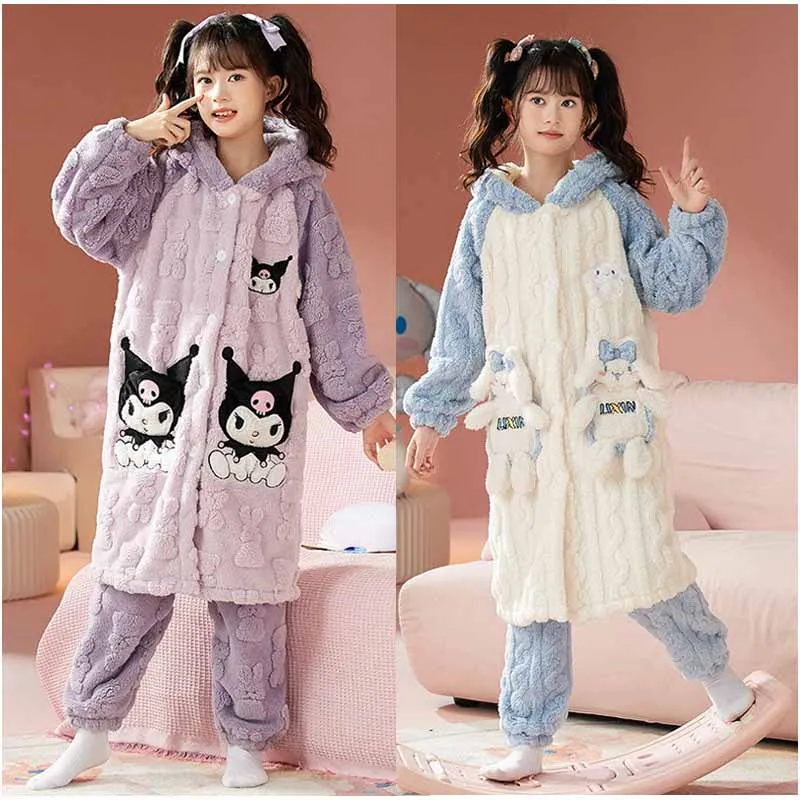 

Sanrios Cinnamoroll My Melody Kuromi HelloKittys Anime Cartoon Children Girl Flannel Winter Warm Nightgown Home Clothing Pajamas