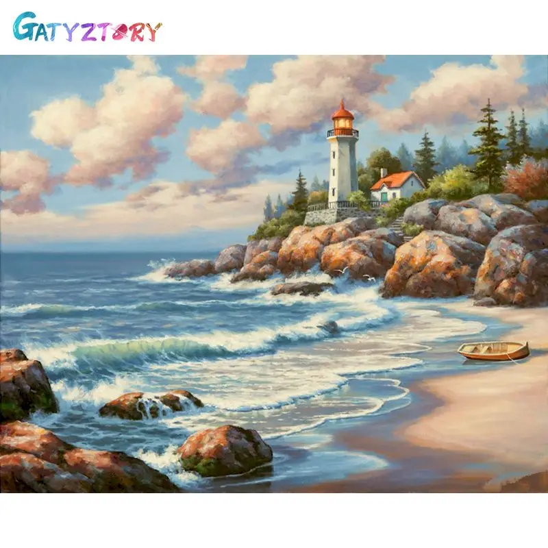 

GATYZTORY DIY Frame Painting By Number Seaside Canvas Picture By Numbers Scenery Acrylic Paint On Canvas For Home 60x75cm