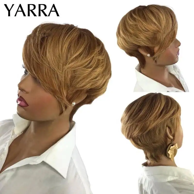 

YARRA Ombre Short Pixie Cut Wigs For Women Human Hair Brazilian Bone Straight Cheap Full Machine Made Human Hair Wigs With Bangs