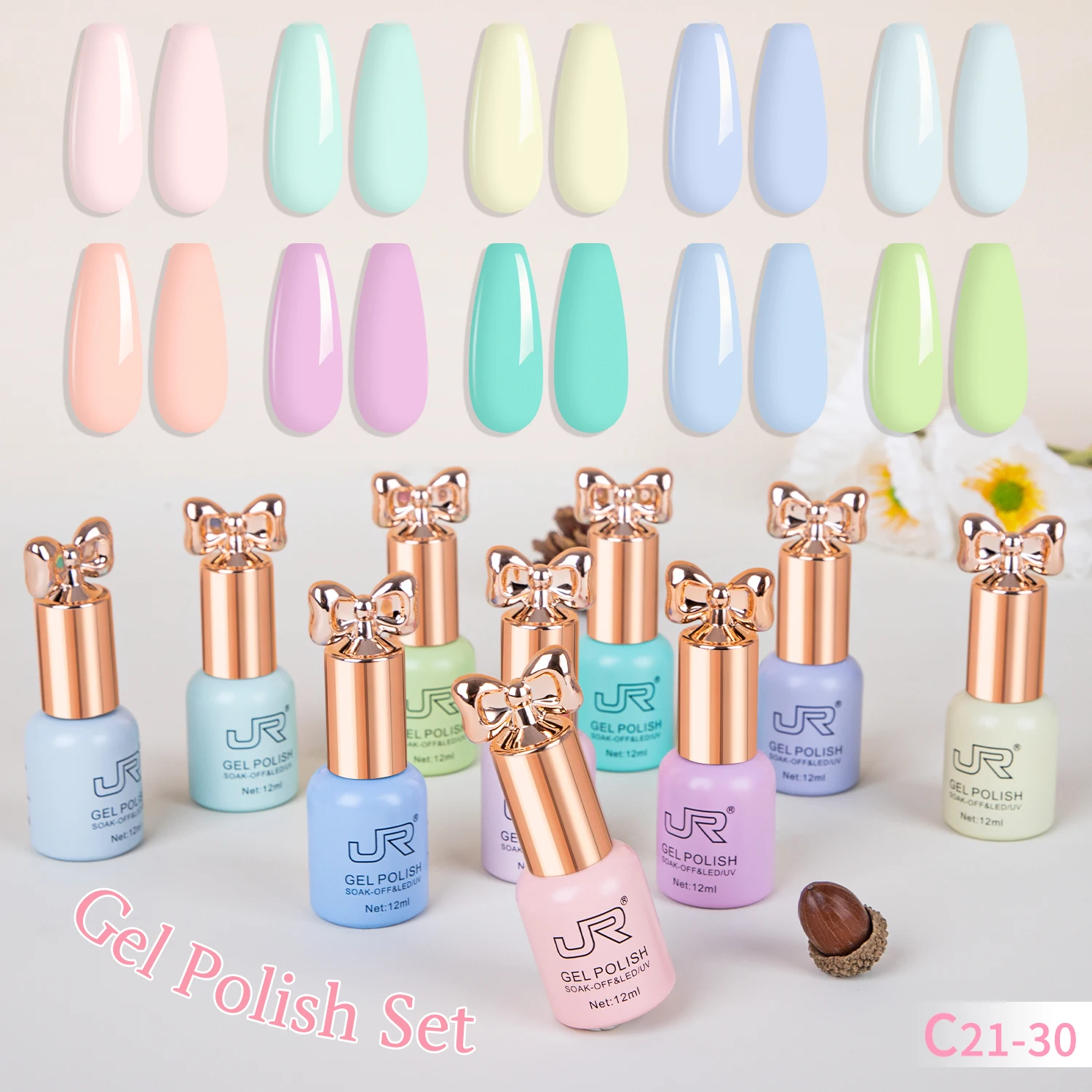 Vibrant Gel Nail Polish Collection - 10 Shades of Red, Pink, and Nude with Top & Base Coat