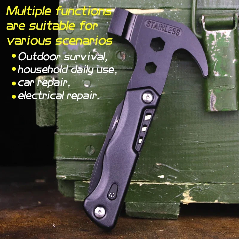 Outdoor multifunctional portable folding axe Hammer Stainless steel camping survival axe car broken window claw hammer tool 2