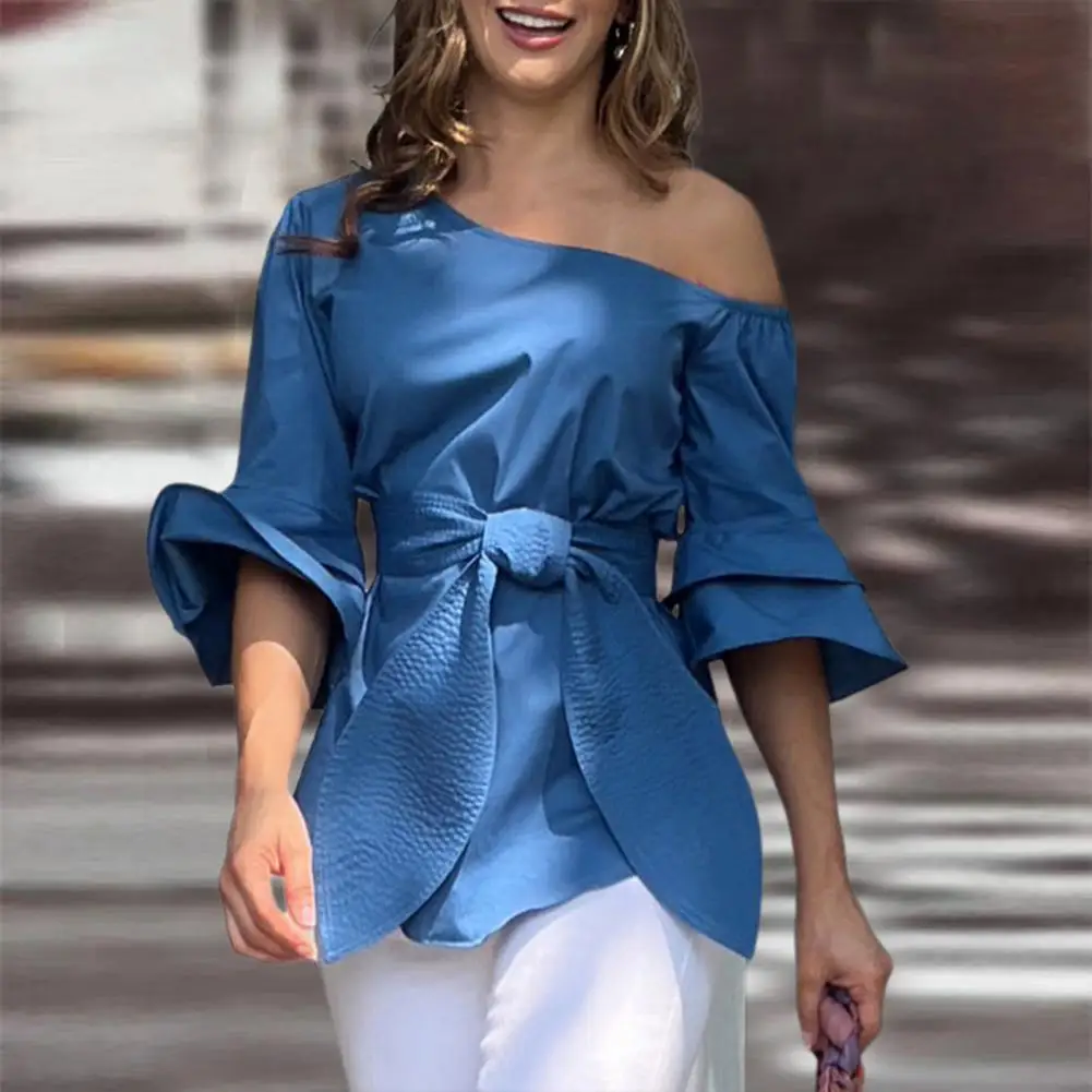 

Женская летняя рубашка, элегантная Летняя женская блузка со шнуровкой на талии и скошенным воротником, расклешенная Однотонная рубашка с рукавом до локтя для улицы
