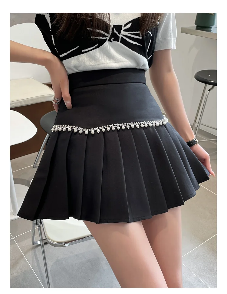 Beaded Pleated Skirts Women Mini Skirt Black White High Waist Slim A-Line Skirt Shorts Casual Zipper Spring Steetwear Korea N120 black maxi skirt