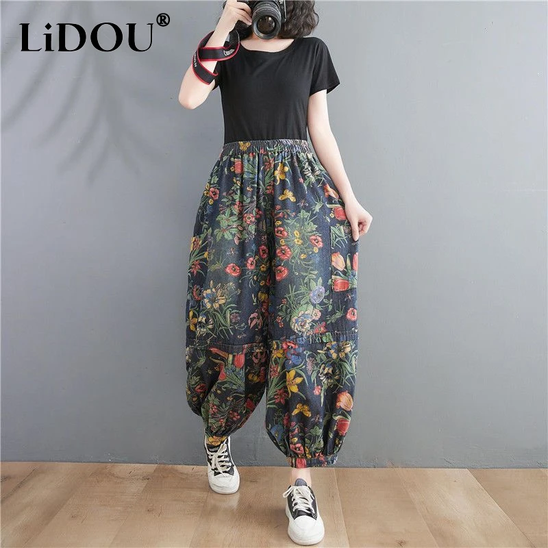 2023 Spring Summer New Vintage Printing Knickerbockers Women Elastic Waist National Style Loose Cotton Ankle Length Trousers high end affordable luxury jeans men s new autumn printing stylish all match soft stretch slim fit ankle tight trousers