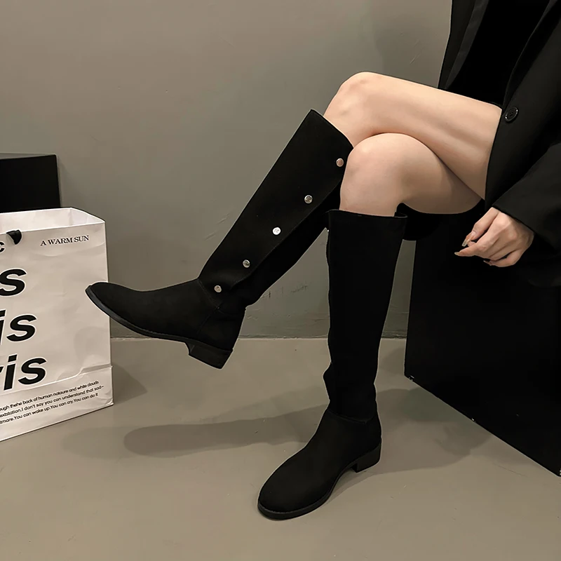 Aphixta Suede Upper Button Dec Women Ankle Boots Knee Boots Women Black Shoes Fashion Round Toe Modern Ankle Boots for Women